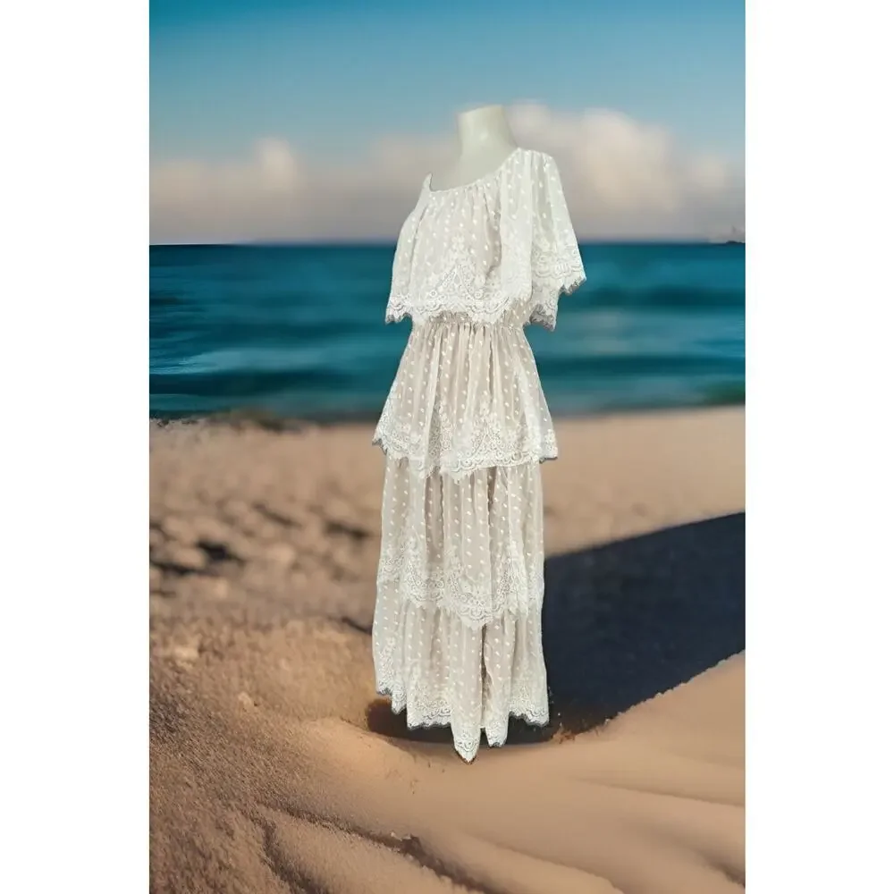 Show Me Your MuMu Dress Large White Lana Midi Lace Tiered Romantic Elegant Boho - Picture 4 of 14